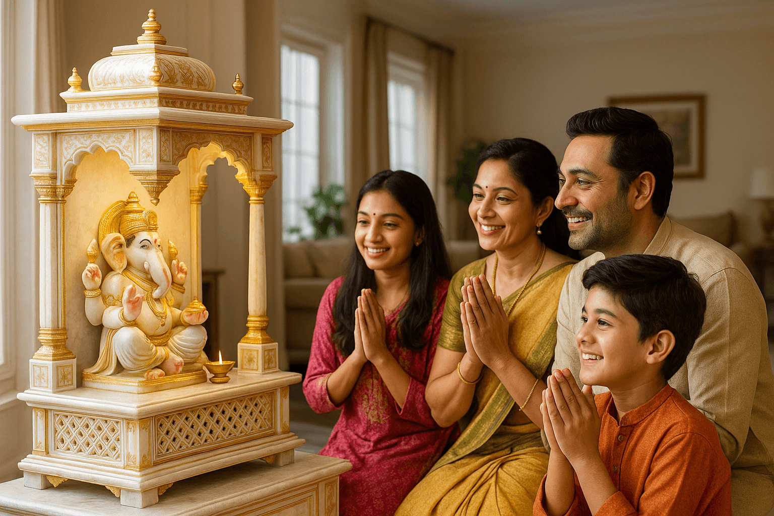Happy family with their custom marble temple from Tilak Mandirwala
