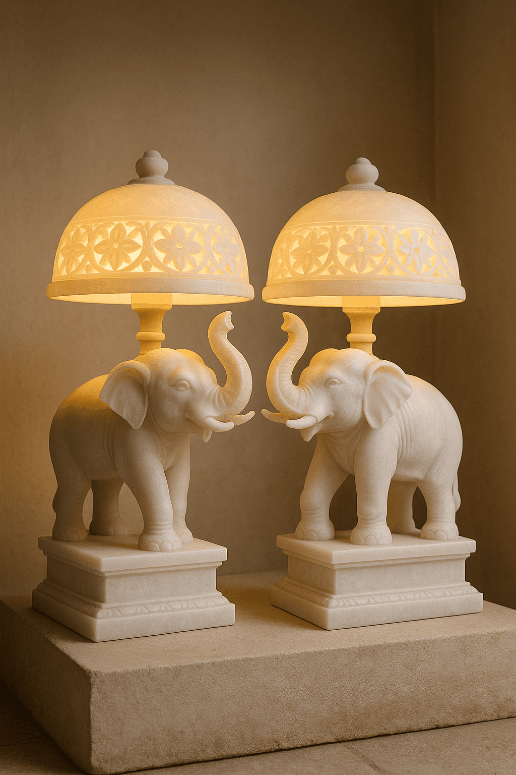Handcrafted Natural White Marble Lamps – Dome Jali Pair, 18in