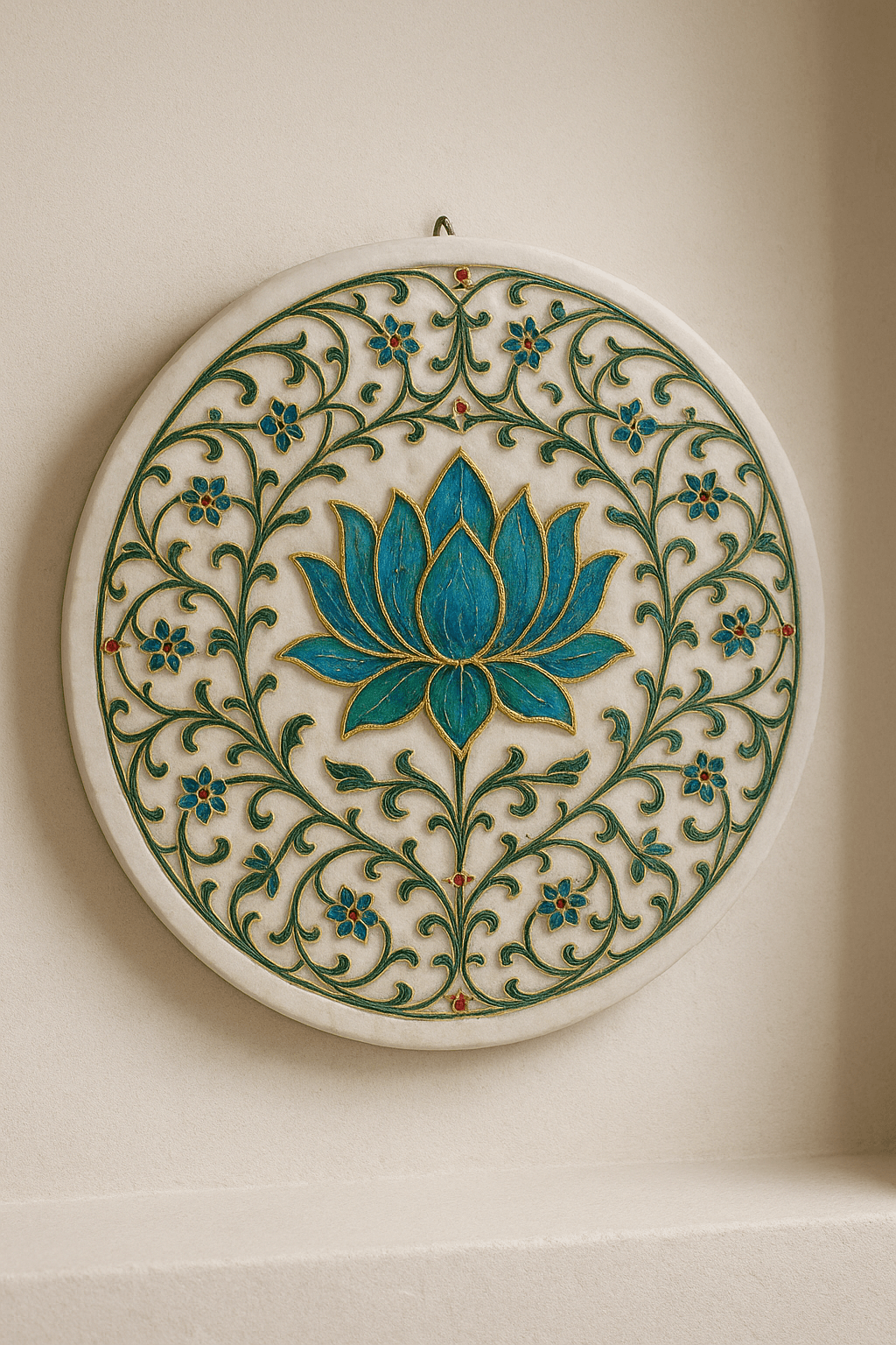 Natural White Marble Wall Plaque – Lotus & Floral Vines, 18in