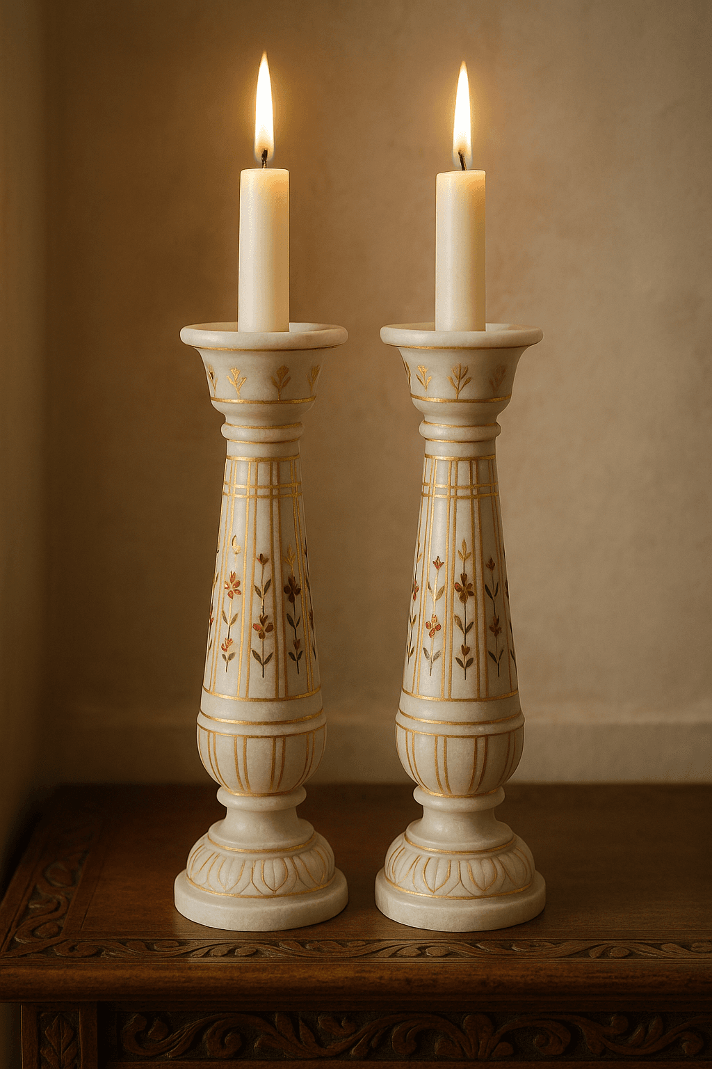 Handcrafted Natural White Marble Candle Holders – Fluted & Lotus, 12in