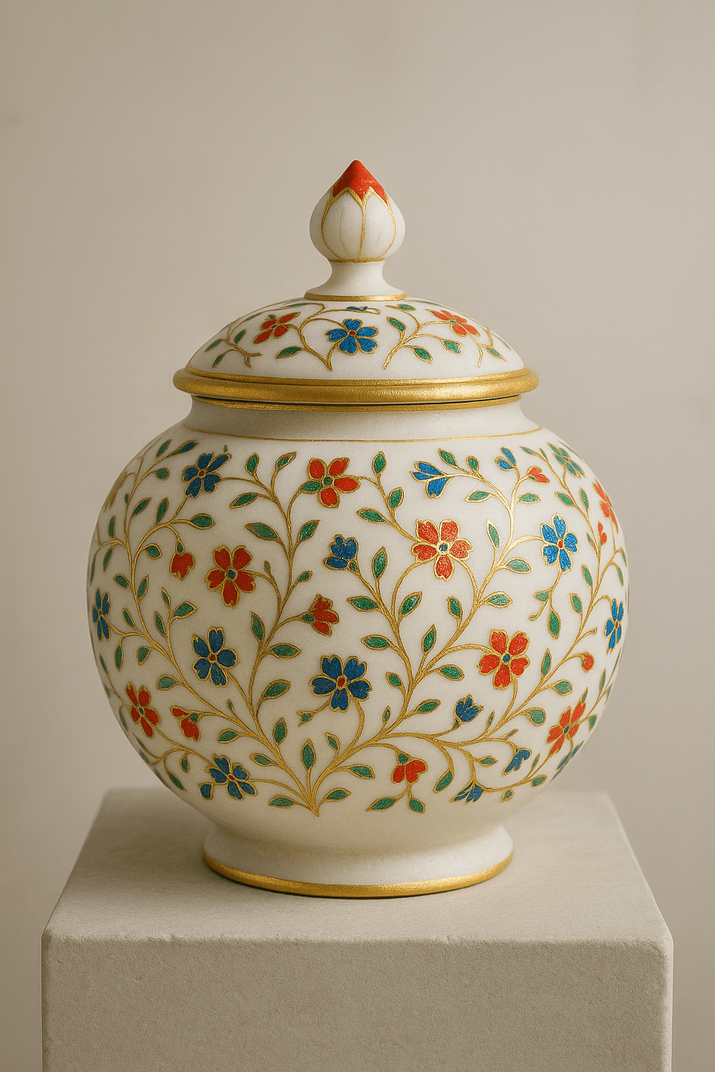 Handcrafted Natural White Marble Urn – Meenakari Floral, 12in