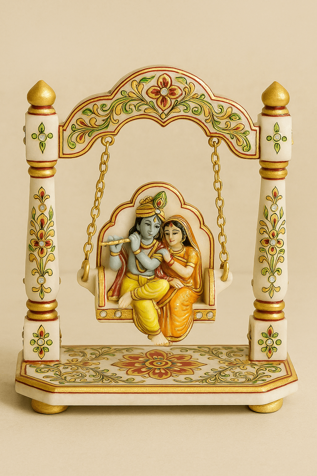 Hand-Painted Marble Radha Krishna on Jhula (Decor Swing)