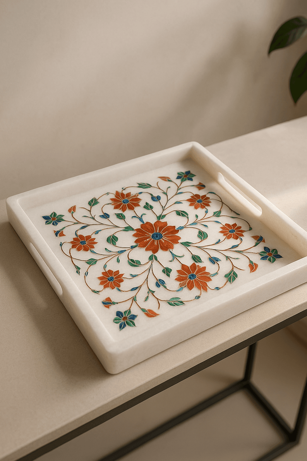 Makrana White Marble Serving Tray – Floral Inlay, 16-inch