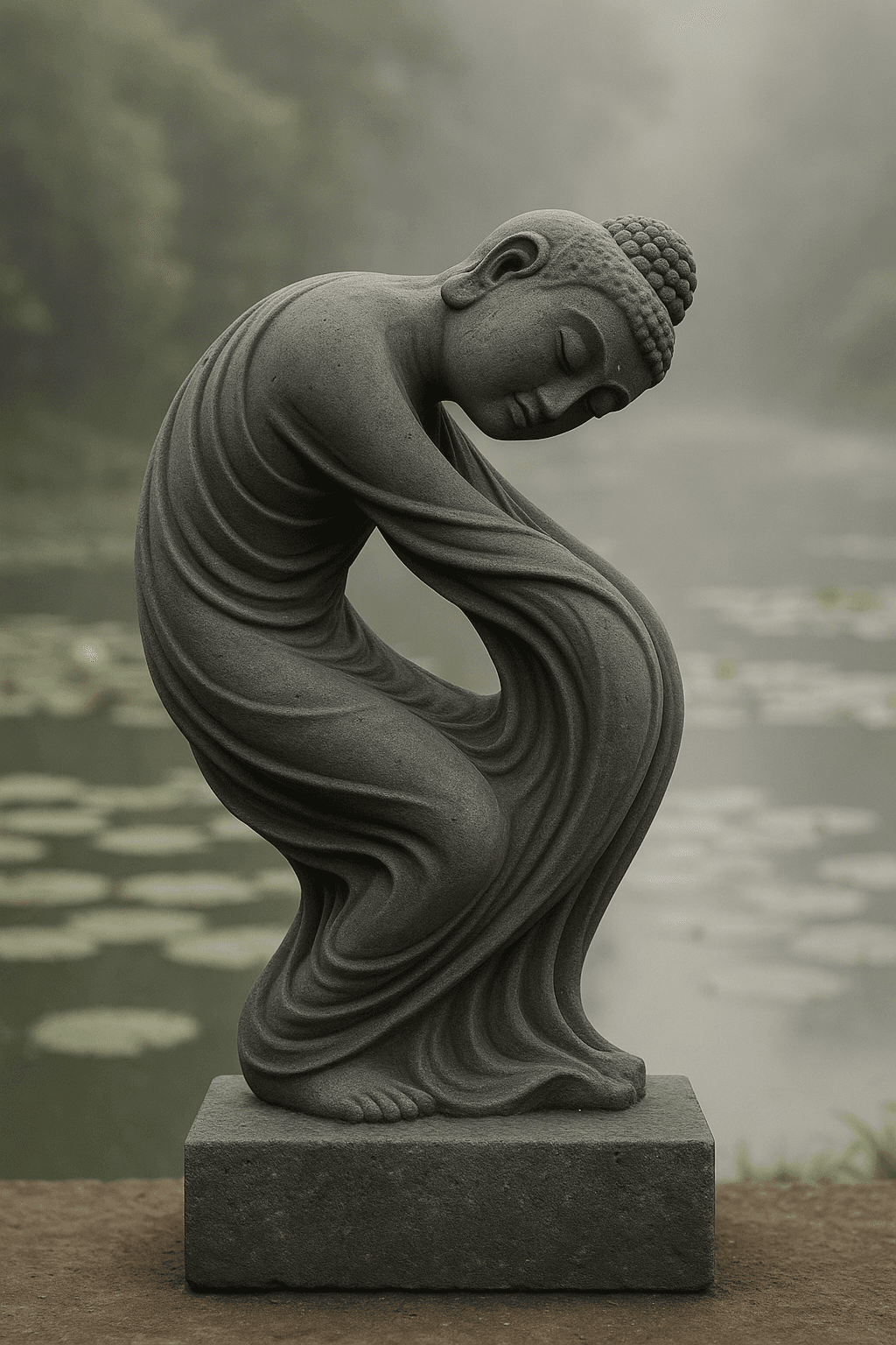 Handcrafted Indonesian Lava Stone Buddha Statue – Abstract Bending, 4ft