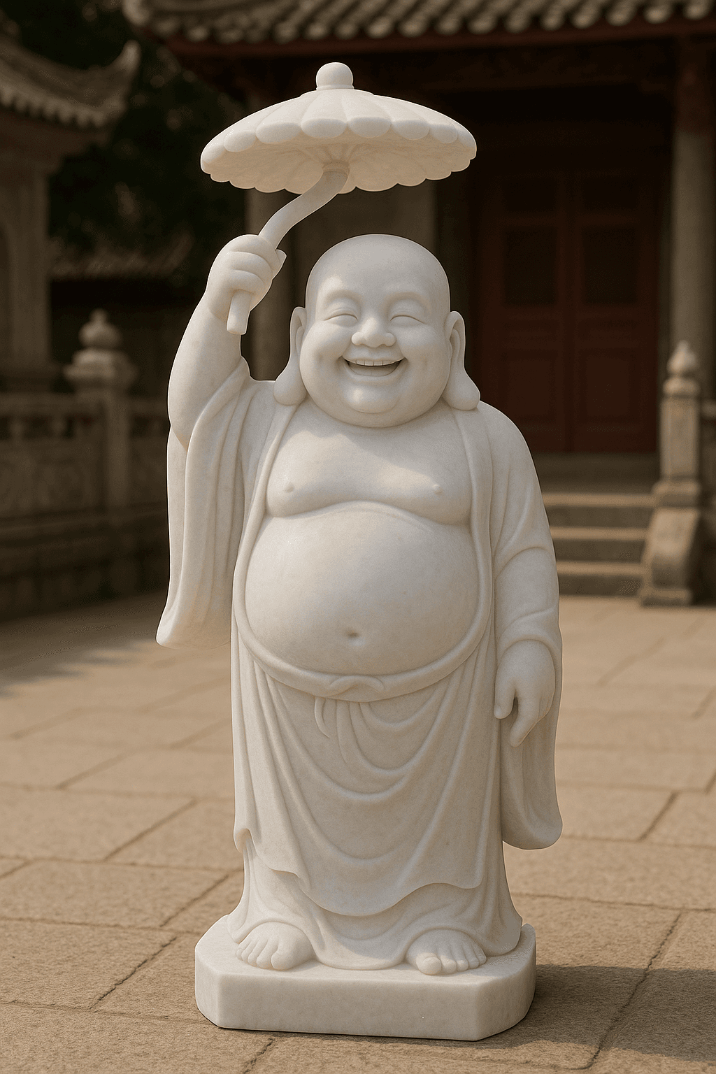 Handcrafted Vietnam White Marble Buddha Statue – Parasol, 30in