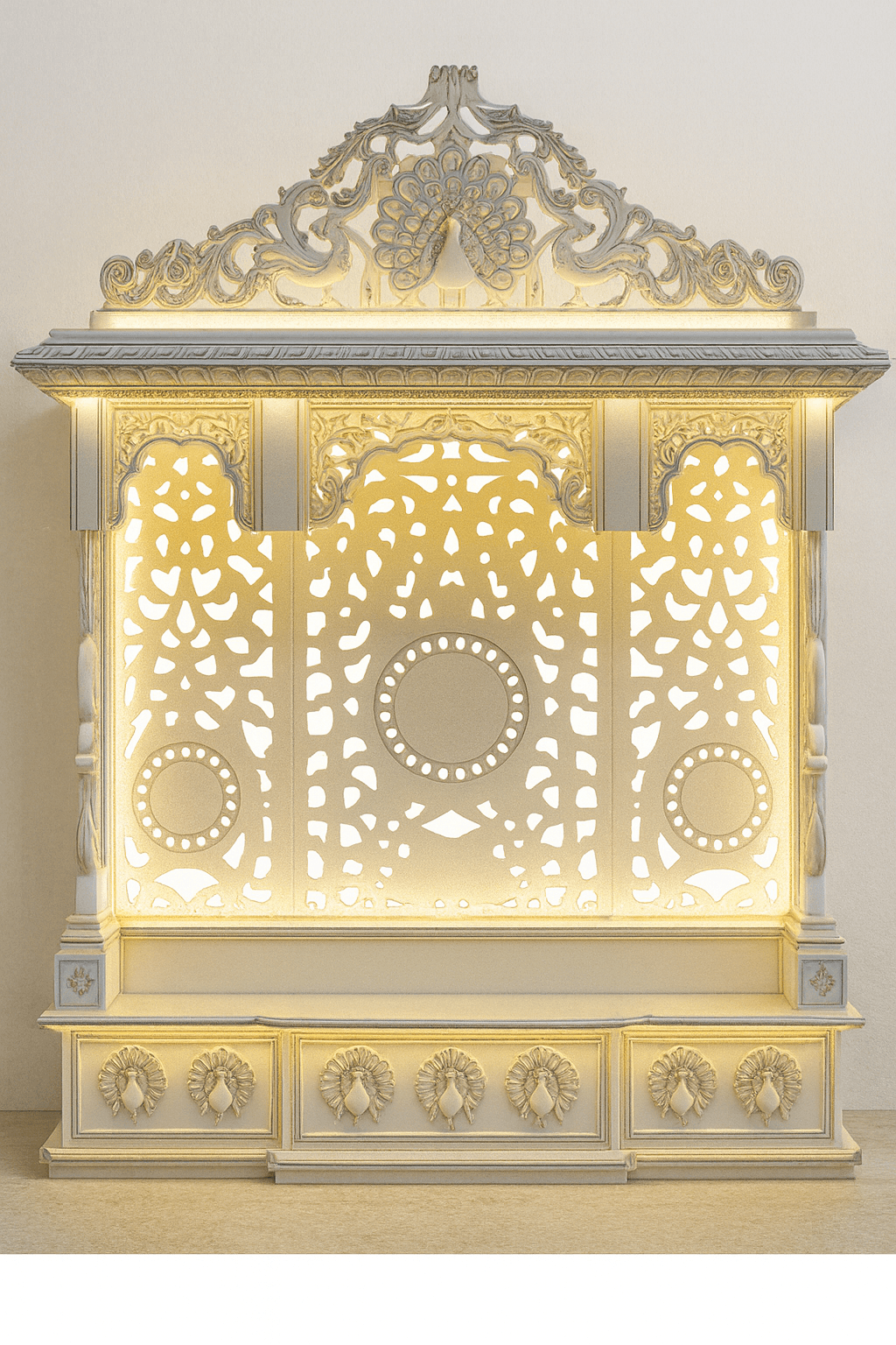 White Marble Temple with Peacock Carving & Backlit Jali Panel