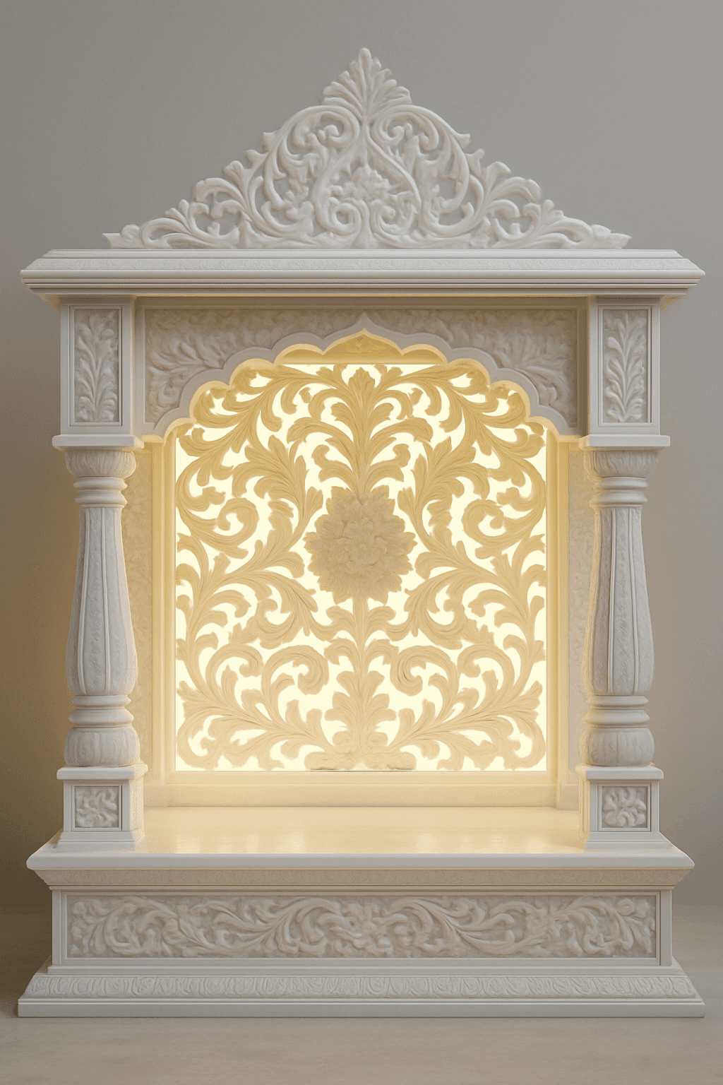 White Marble Temple with Shikhar Top & Floral Carved Back Panel