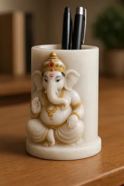 Natural White Marble Pen Stand – Ganesha Low-Relief, 7 in