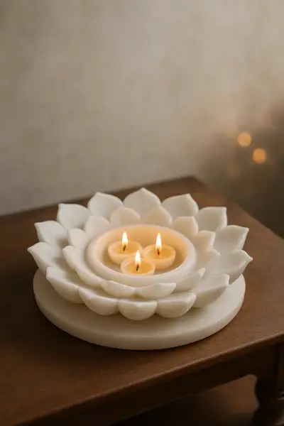 Handcrafted Makrana White Marble Lotus Diya Holder – 12in