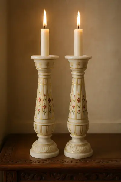 Handcrafted Natural White Marble Candle Holders – Fluted & Lotus, 12in