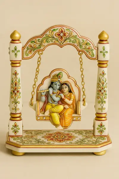 Hand-Painted Marble Radha Krishna on Jhula (Decor Swing)