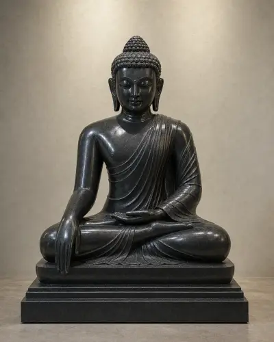 Handcrafted Black Granite Bhumisparsha Buddha Statue, 36 in
