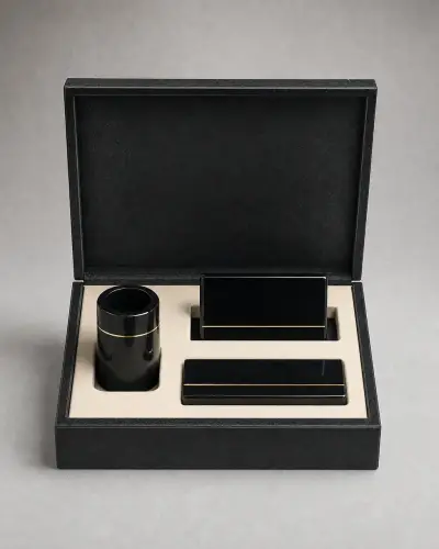 Black Granite & Brass Desk Set in Fitted Gift Box