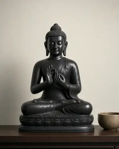 Black Granite Dharmachakra Buddha Statue, 24 in
