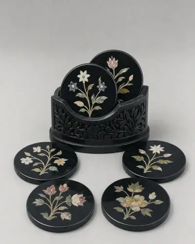 Black Granite Coaster Set of Six with Floral Inlay, 4in