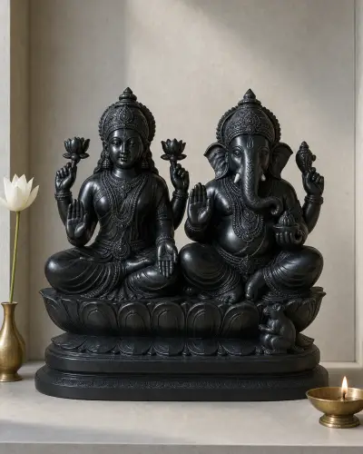 Handcrafted Black Granite Lakshmi-Ganesh Pair on Shared Lotus Base, Contemporary Minimal, 21in
