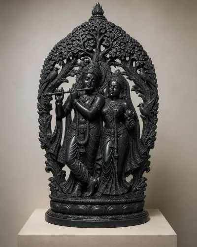Handcrafted Black Granite Radha Krishna under Kadamba Tree with Vrindavan Arch, 3ft