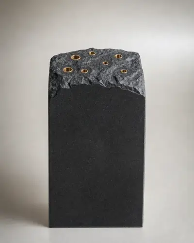 Black Granite Riven-Top Stem Vase with Brass Bores, 9in