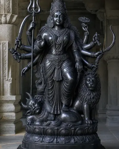 Handcrafted Black Granite South Indian Mahishasuramardini Durga Statue, 5ft