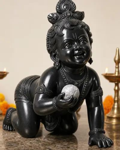 Handcrafted Black Marble Crawling Bal Gopal (Makhan Chor) Statue, 18-inch