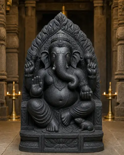 Black Marble Ballaleshwar of Pali on Cypress-Tree Throne, Raw Unpolished Finish, 21 in