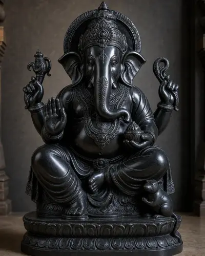 Handcrafted Black Marble Blessing Ganesh Statue, 24in