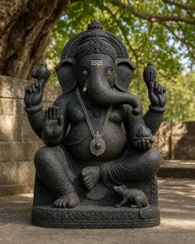 Black Marble Chintamani of Theur with the Chintamani Jewel, Rough Hewn Finish, 24 in