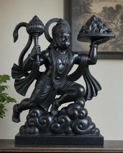 Black Marble Flying Hanuman Statue with Sanjeevani Mountain, 36 inch