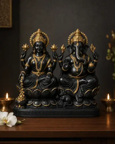 Black Marble Lakshmi Ganesh Pair with Gold Leaf Ornaments, 12 in