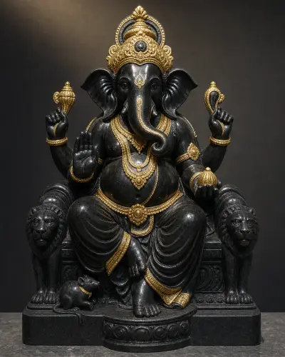Black Marble Lalbaugcha Raja with 22k Gold Leaf on Lion Throne, 21 in