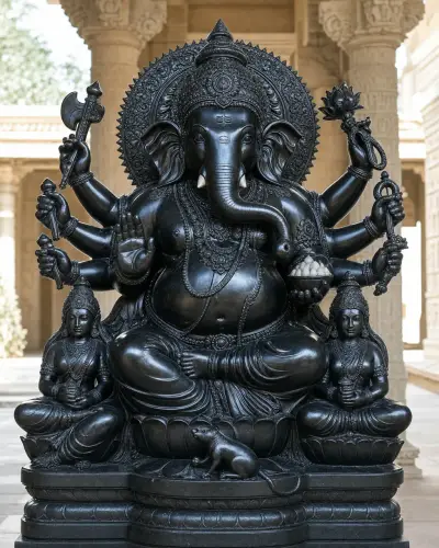 Black Marble Mahaganapati of Ranjangaon, Multi-Armed, Mirror Polish, 3 ft
