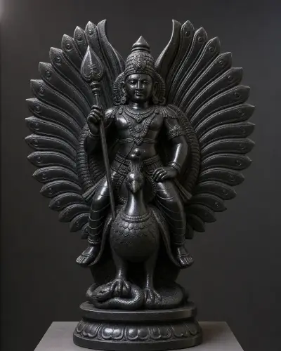 Handcrafted Black Marble Murugan on Peacock with Wings Spread Statue, 33in