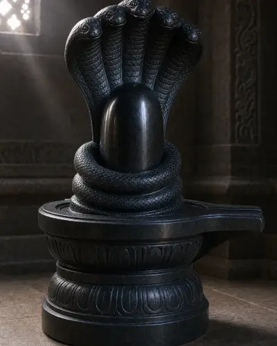 Handcrafted Black Marble Naga Shiva Lingam with Serpent Canopy, 24in