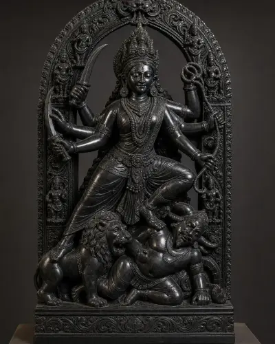 Handcrafted Black Marble Pala-Style Mahishasuramardini Durga Stele, 4ft