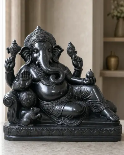 Black Marble Reclining Ganesh Statue, 18 in