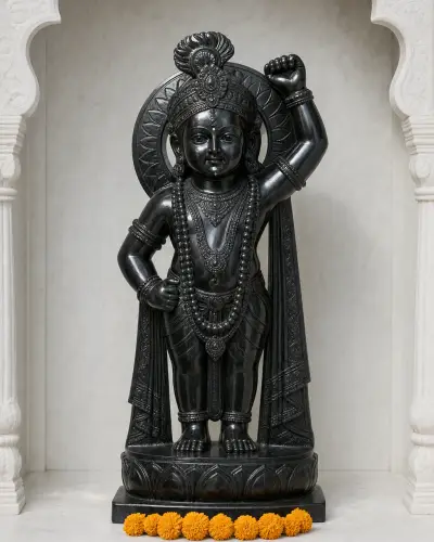 Black Marble Shrinathji Murti with Carved Crown and Ornaments, 24 in
