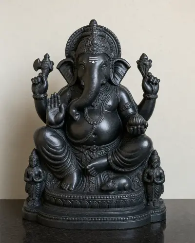 Black Marble Siddhivinayak of Siddhatek with Right-Turned Trunk, Mirror Polish, 15 in