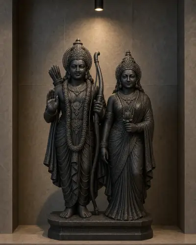 Handcrafted Black Marble Standing Ram with Bow & Sita Pair, 3ft