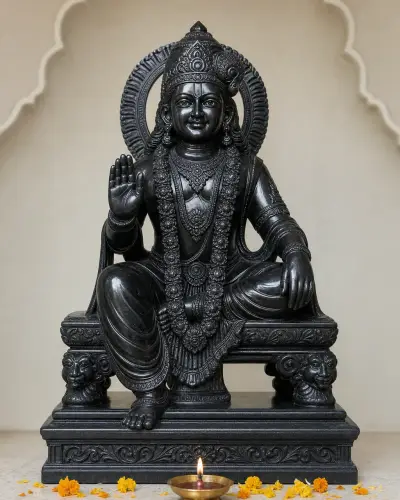 Handcrafted Black Stone Khatu Shyam Ji Seated Darbar Murti, 21in