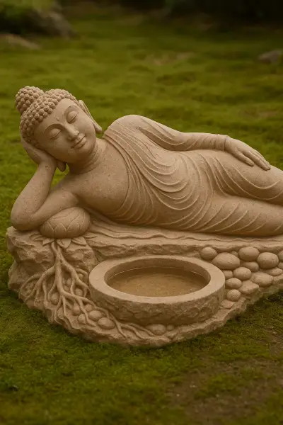 Handcrafted Dholpur Sandstone Reclining Buddha with Nature-Fused Base, 4ft