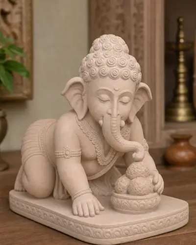 Dholpur Pink Sandstone Bal Ganesh with Laddu, 15 in