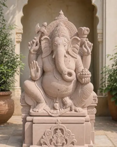 Dholpur Pink Sandstone Ballaleshwar of Pali on Cypress-Tree Throne, 18 in