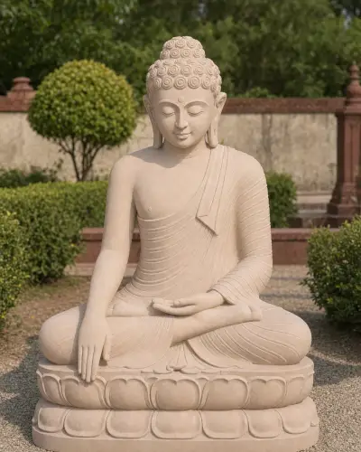 Dholpur Pink Sandstone Bhumisparsha Buddha Statue, 48 in