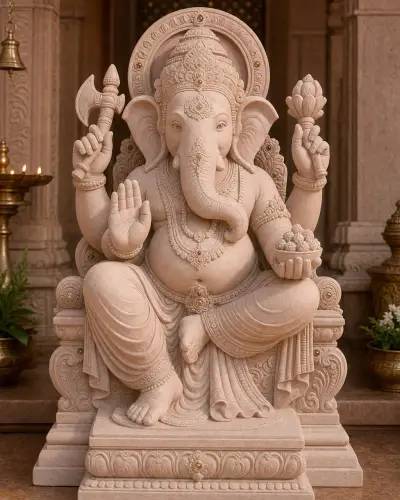 Dholpur Pink Sandstone Dagdusheth Ganpati with Gold-Leaf on Singhasan, 24 in