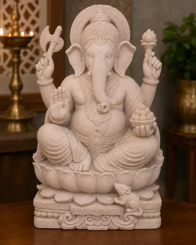 Dholpur Pink Sandstone Dagdusheth Ganpati on Lotus Pedestal, 18 in