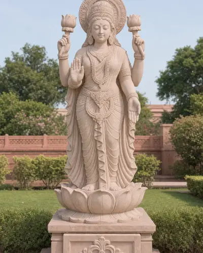 Dholpur Pink Sandstone Garden Lakshmi Statue — 5 ft Four-Armed Mahalakshmi
