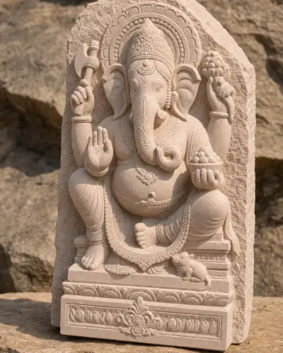 Dholpur Pink Sandstone Girijatmaj of Lenyadri in a Cave-Arch Stele, Natural Cleft Finish, 18 in