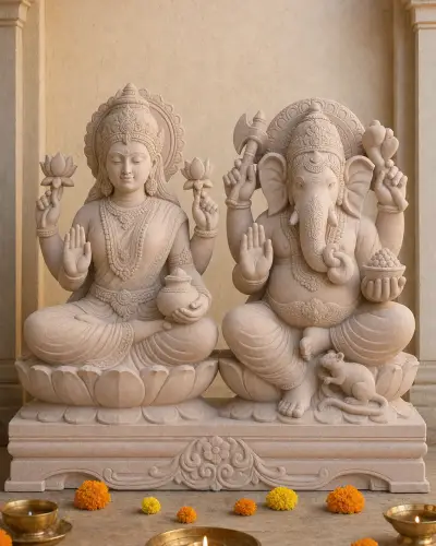 Handcrafted Dholpur Pink Sandstone Lakshmi-Ganesh Pair on Lotus Thrones, 18in