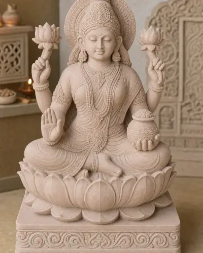 Dholpur Pink Sandstone Lakshmi on Lotus Throne, 18 Inch