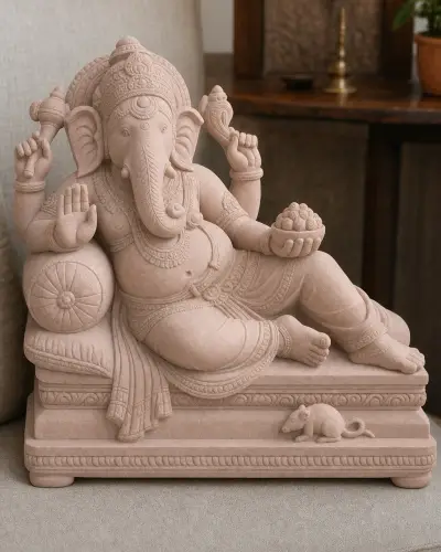 Dholpur Pink Sandstone Reclining Ganesh Statue, 18 in